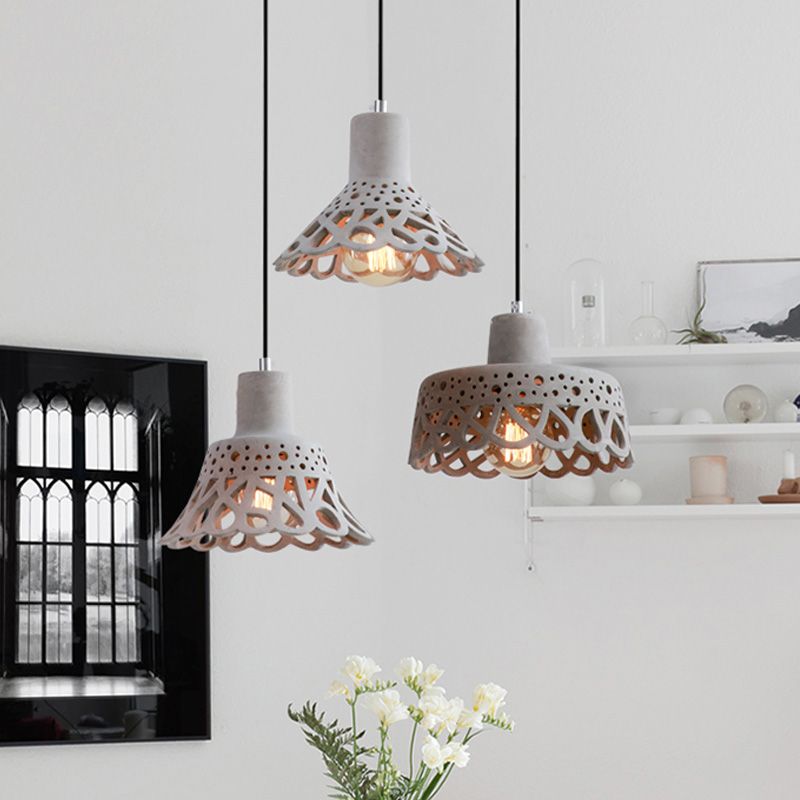 Iluminación colgante grabada en hormigón de estilo nórdico 1 luz colgante de gris claro/blanco/amarillo con tono geométrico/campana/acampanado