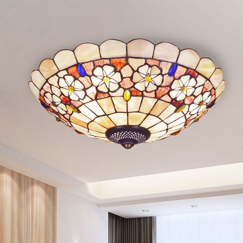 12"/21" Dia 3/4-Light Flush Mount Lamp Tiffany Bowl Shell Ceiling Fixture with Blossom Pattern in Beige