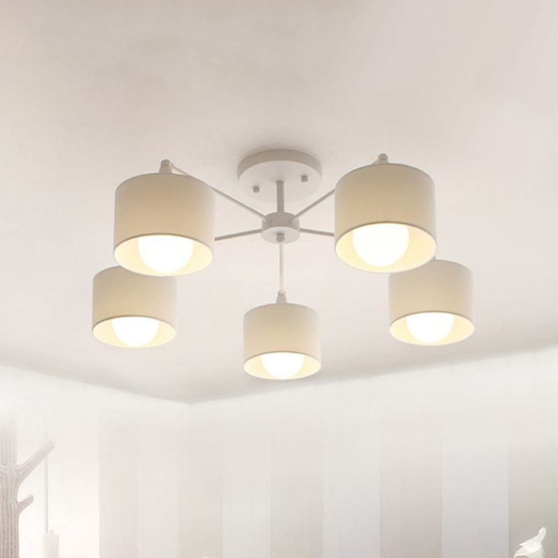 Korte cilinder semi -spoelmount lamp Noordse stof 5 lampen slaapkamer plafondbevestiging kroonluchter in wit