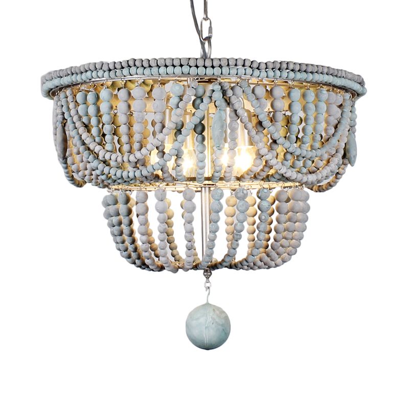 2-Tier Chandelier Modernism Wood 4 Heads 19.5"/25.5" Wide Blue and Gray Pendant Lighting Fixture for Bedroom