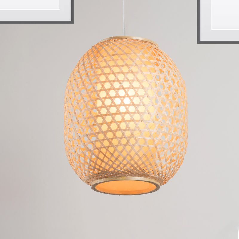 Lantern Suspension Pendant Retro Bamboo 1 Bulb Wood Hanging Light Kit with Inner Fabric Shade