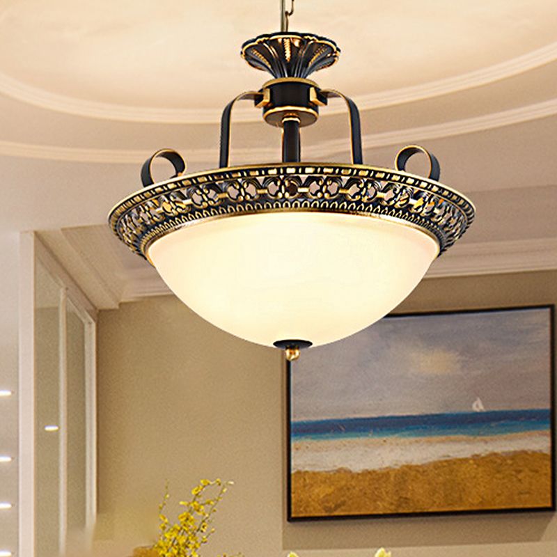 3 Bulbs Ceiling Lamp with Bowl Shade Metal Traditional Dining Room Chandelier Pendant Light in Gray and Black