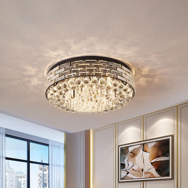 7/9 Bulbs Drum Ceiling Mounted Light Modern Black Canopy Clear Crystal Draping Flushmount Lighting, 19.5"/23.5" Wide
