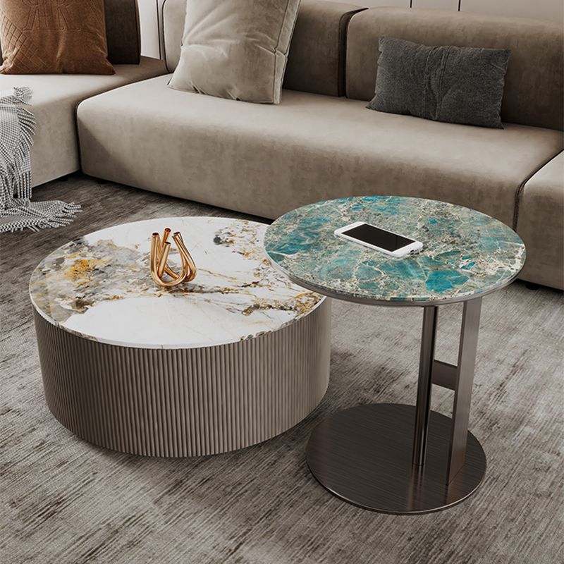 Glam C-shape Side Table Round Stone Top Sofa Side Accent Table