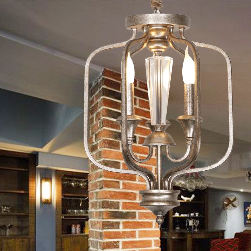 Traditionele gekooide hangende lamp 3 lampen metaal kroonluchter lichtarmatuur met kristal accent in verouderd zilver