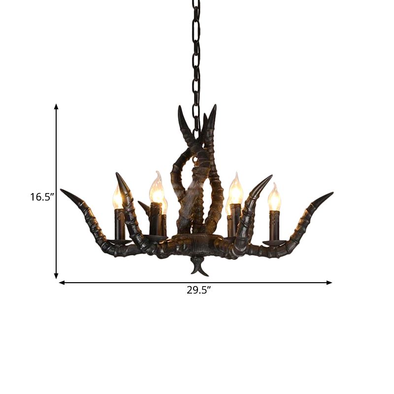 Rustic Sheep Horn Hanging Pendant 6 Lights Resin Ceiling Chandelier in Black for Restaurant