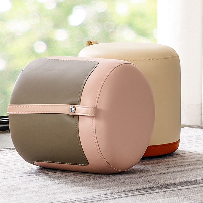 Modern Ottoman Contrast Panel Genuine Leather Indoor Round Pouf