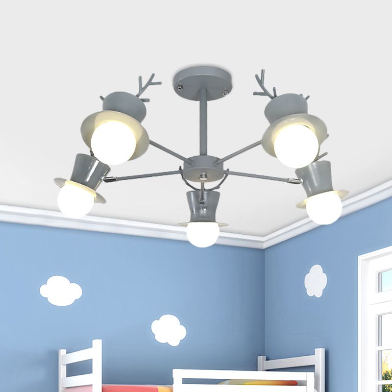5/8-Head Sitting Room Chandelier Light Nordic Grey/Black Rotatable Hanging Lamp with Antler Cap Iron Shade