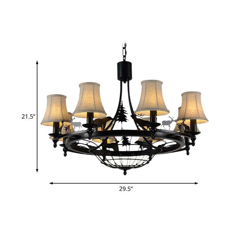 6 Lights Fabric Chandelier Light Fixture Traditional Black Cone Living Room Ceiling Light