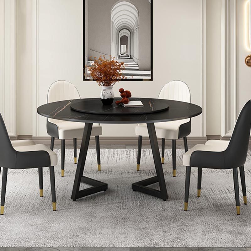 Black Double Pedestal Table Modern Round Stone and Metal Dining Room Table