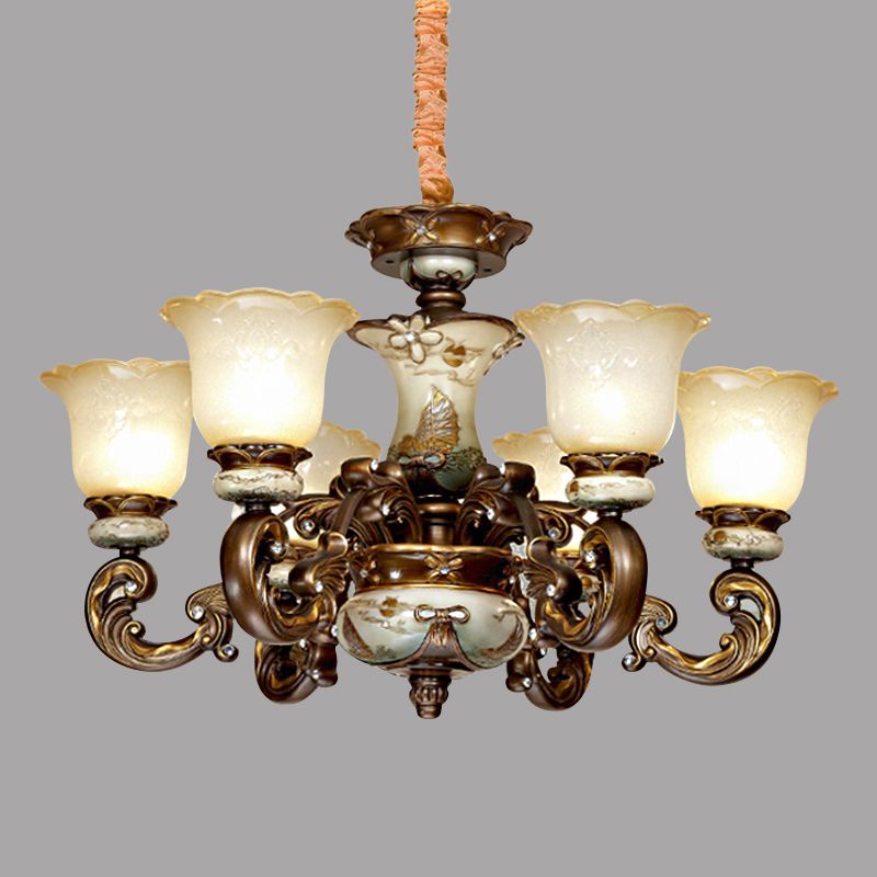 Traditional Floral Shade Chandelier Light 6/8 Lights Cream Glass Suspended Lighting Fixture in Brown