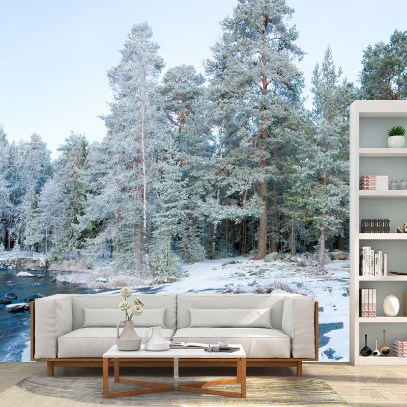 Whole Early Snow Wallpaper Mural Modern River and Forest Scene Wall Decor in Green