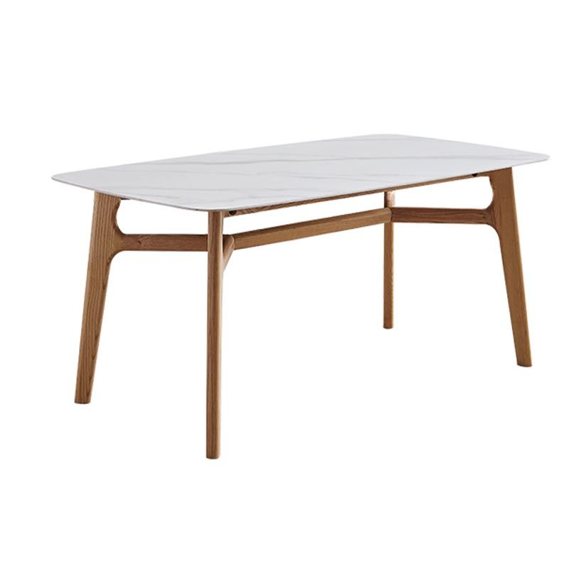 Modern White Stone Top Dinner Table Rectangle Natural Finish Legs Dinette Table