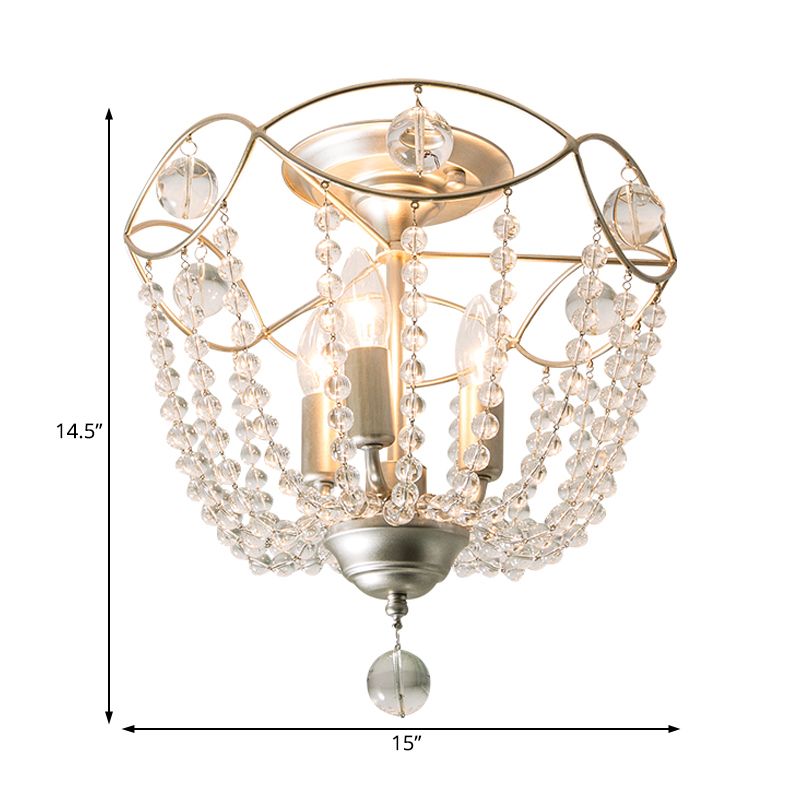 Silver 3 Lights Hanging Light Fixture Traditional Crystal Strand Dome Chandelier Light