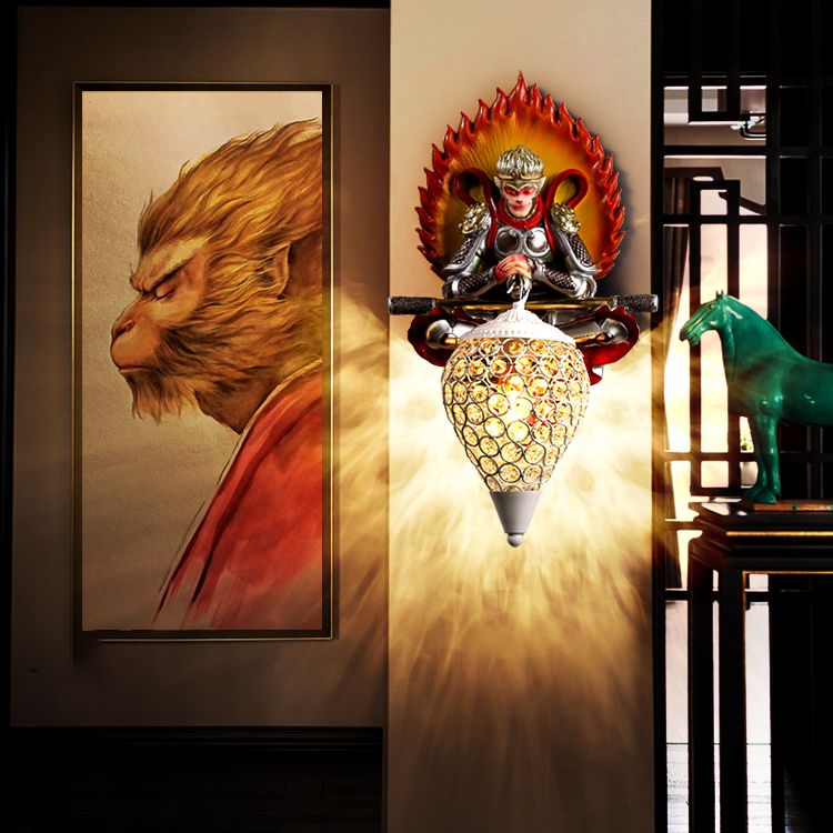 Resin Monkey King Wall Sconce Decorative 1-Light Wall Lamp with Crystal Shade