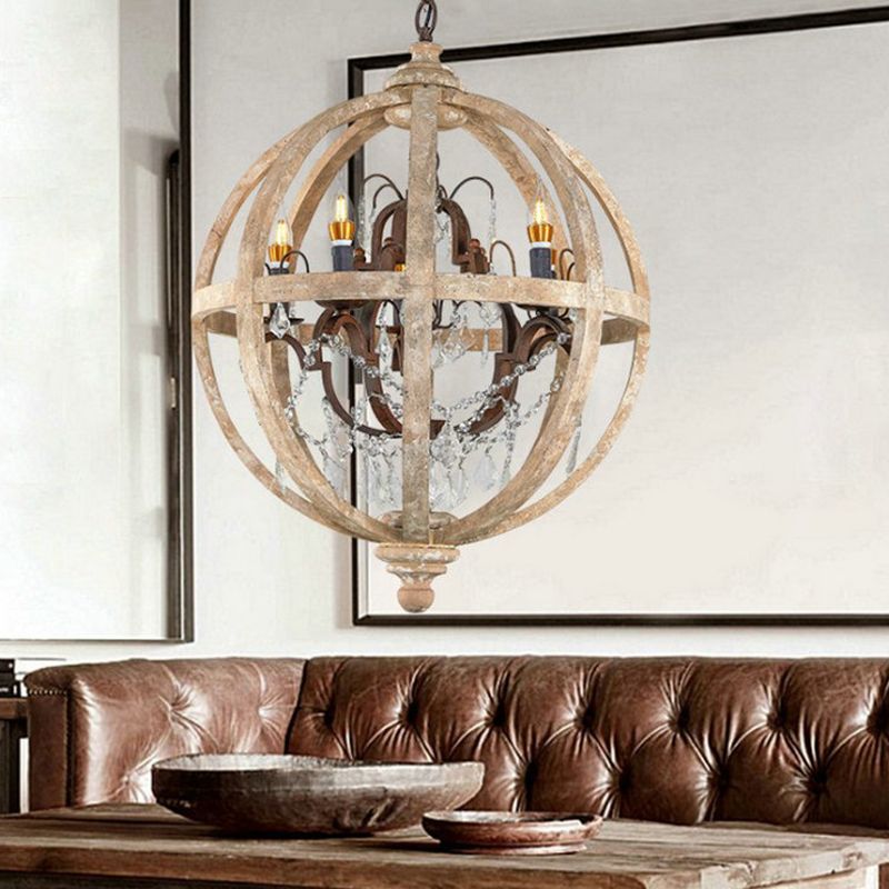 4 Bulbs Chandelier Pendant Light Vintage Sphere Distressed Wood Hanging Light for Dining Room