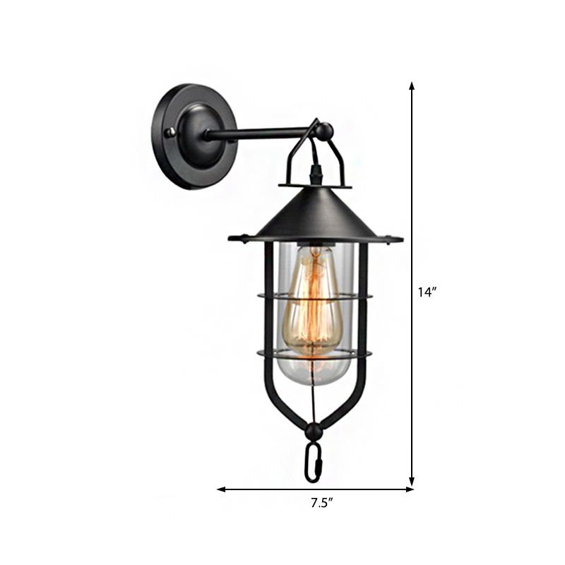 Clear Glass Black Sconce Lamp Capsule 1-Light Traditional Wall Mounted Lighting with Cage