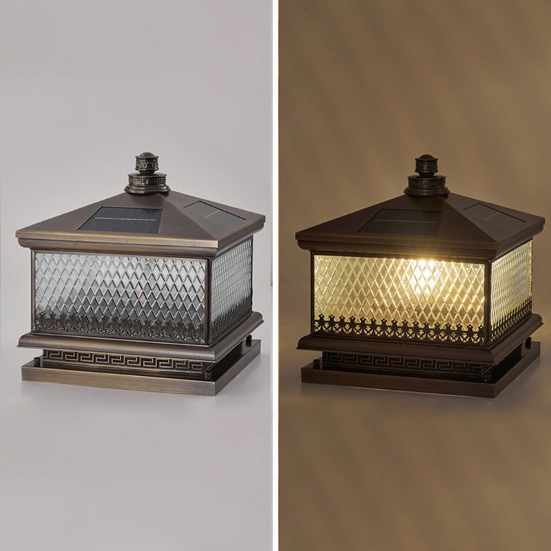 Metal Rectangular Shape Outdoor Lights Modern Style 1 Light Solar Pillar Lamp in Bronze