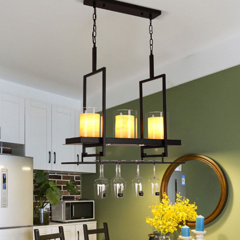 3/5 Heads Cylinder Island Light Traditional Black Marble Pendant Lighting Fixture with Metal Wine Glass Rack