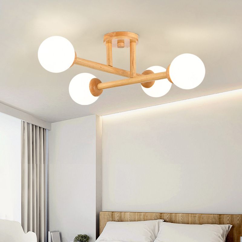 Wood Ball Shape Flush Ceiling Light Modern Multi Lights Flush Light Fixtures in Brown