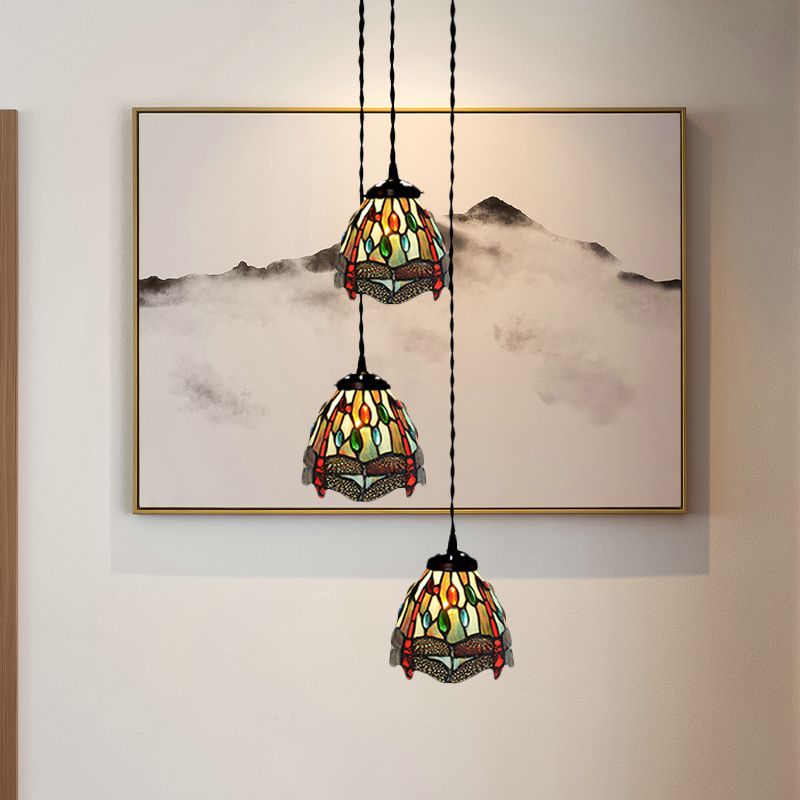 3-Head Ceiling Lamp Tiffany Domed Stained Glass Cluster Pendant Light in White/Red/Yellow with Dragonfly/Grape/Rose Pattern