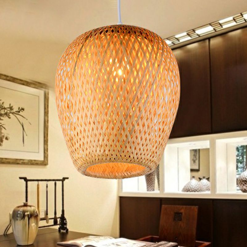Sky Lantern Shaped Pendant Lighting Asian Bamboo Single-Bulb Study Room Hanging Lamp