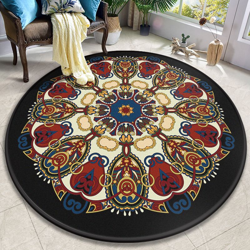 Colorful Mandala Rug Polyester Turkish Indoor Rug Anti-Slip Backing Machine Washable Pet Friendly Carpet for Sitting Room