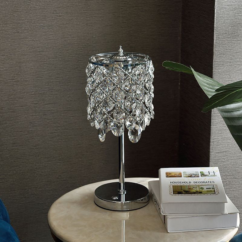 Crisscrossed Cylinder Lounge Table Lamp Modernist Crystal Clear/Champagne LED Night Stand Light