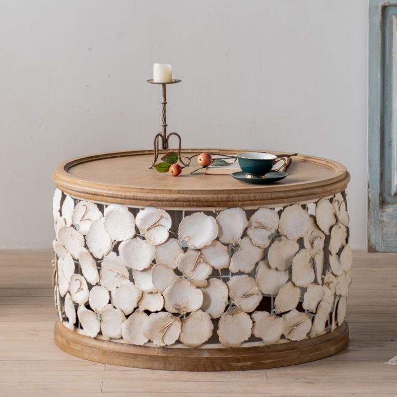 French Country Wood Round Tray Coffee Table Iron Drum Cocktail Table