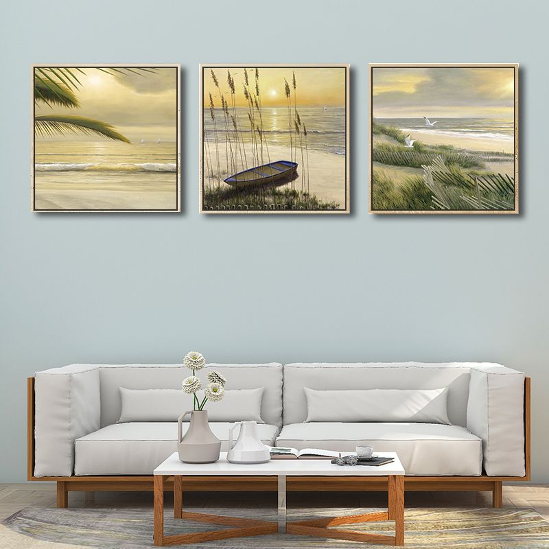 Tropical Canvas Print in Green Beach Sunrise Scenery Wall Art for House Interior