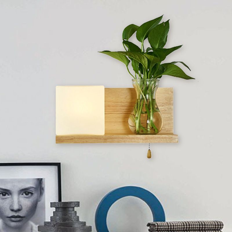 Minimalism Square Wall Light Fixture 1 Head White Glass LED Wall Sconce Lighting in Wood, Left/Right