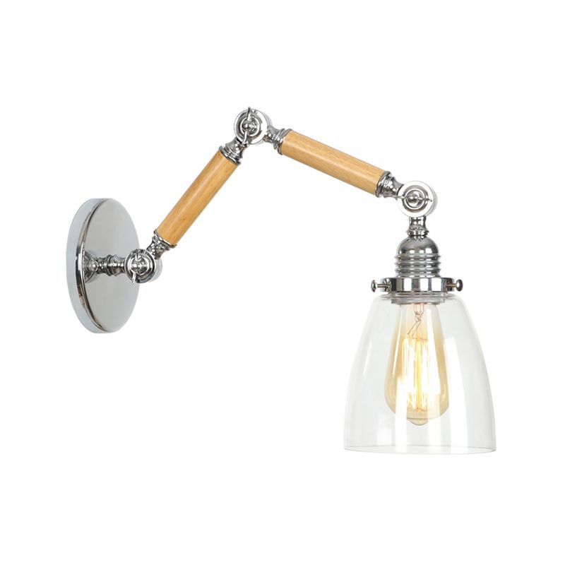 Brown-Silver 1 Bulb Reading Wall Lamp Loft Clear Glass Pear/Saucer/Bell Shade Wall Lighting with Wood 2-Joint Swing Arm