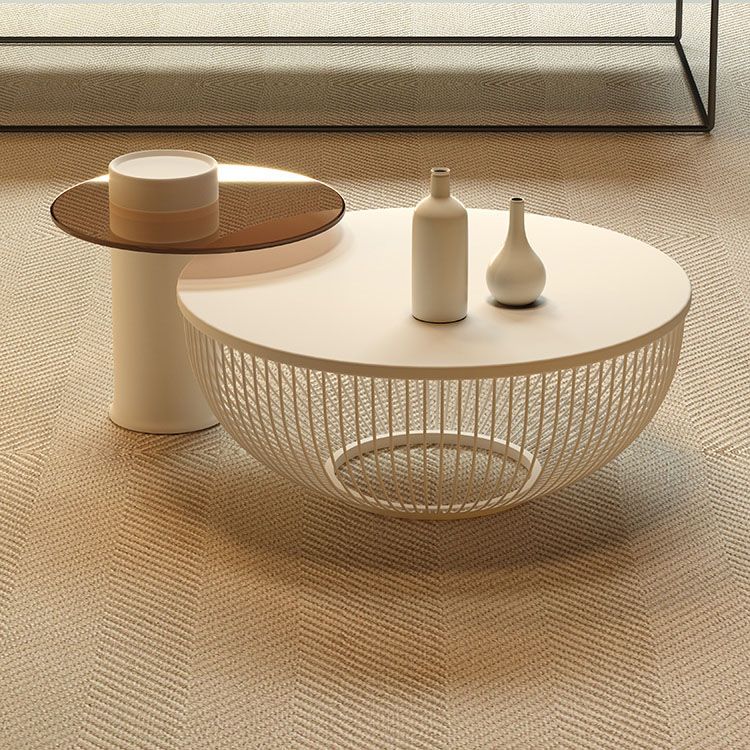 Modern Round Drum Coffee Table Metal Cocktail Table in White