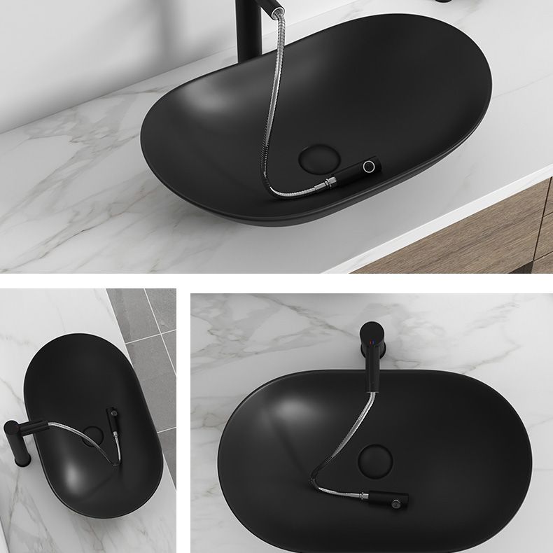 Contemporary Bathroom Sink Pop-Up Drain Porcelain Solid Color Oval-Shape Vessel