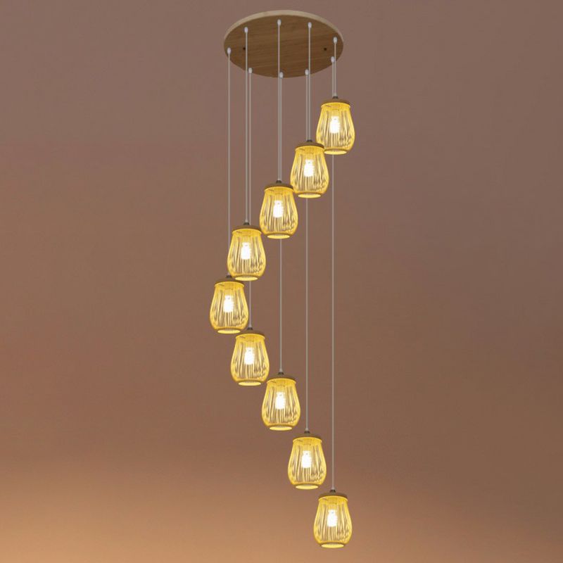 Bamboo Cage Sospension Light Asian Beige Beige Multiple sospeso a sospensione per le scale