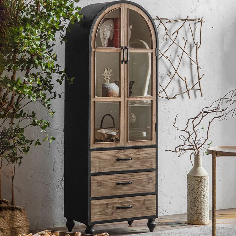 Traditional Solid Wood Display Stand Glass Doors Hutch Cabinet for Bedroom