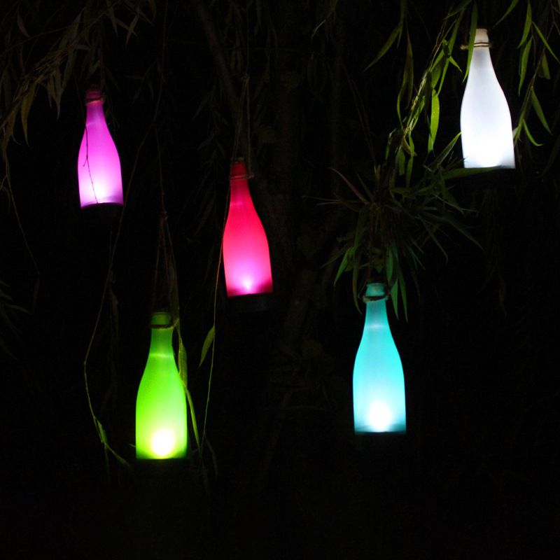 Wine Bottle LED Pendant Light Art Decor Plastic Courtyard Solar Hanging Lamp in Blue