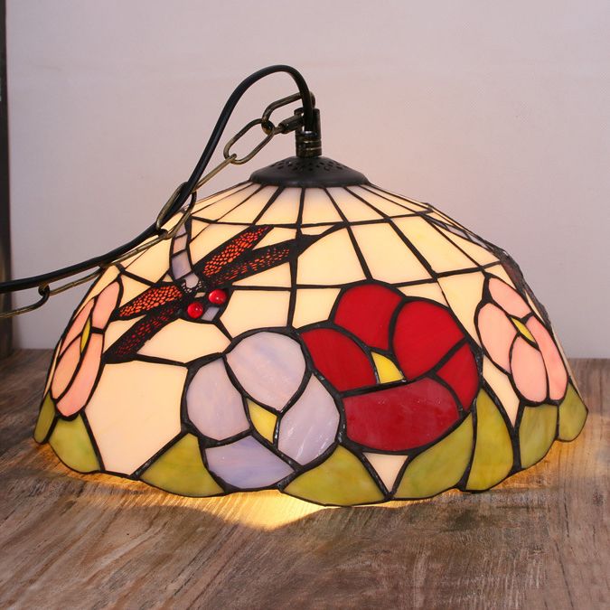 Handcrafted Stained Glass Pendulum Lights Dome Baroque Down Lighting Pendant for Bedroom