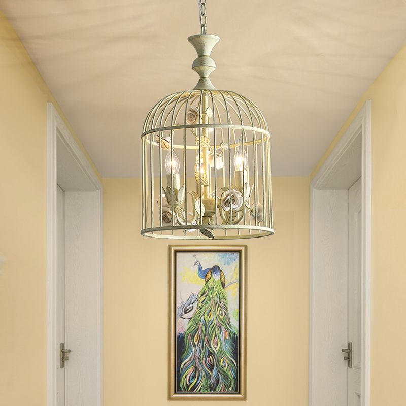 Birdcage Metal Hanging Light Fixture Rustic 3/5 Lights Corridor Chandelier Light with White Flower, 12.5"/16" Wide