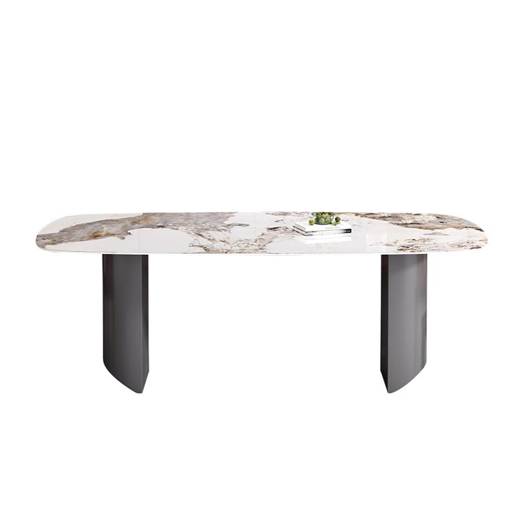 Sintered Stone Top Dining Table in White Modern Rectangle Table with Double Pedestal