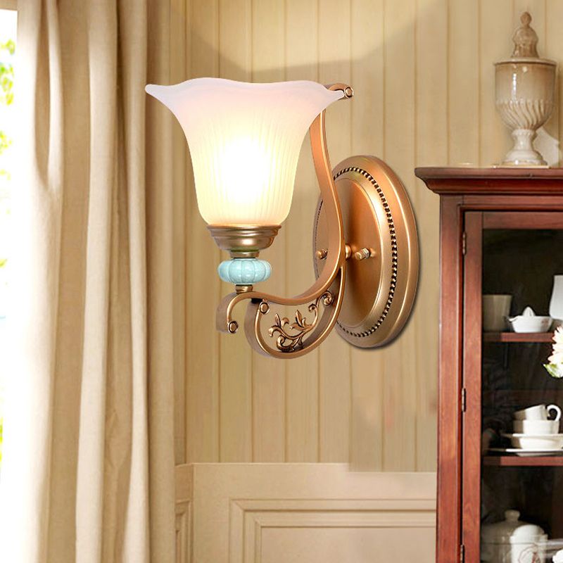 Traditional Scalloped Wall Mounted Lamp 1/2-Light Milky Glass Shade Wall Sconce Light in Gold for Bedroom