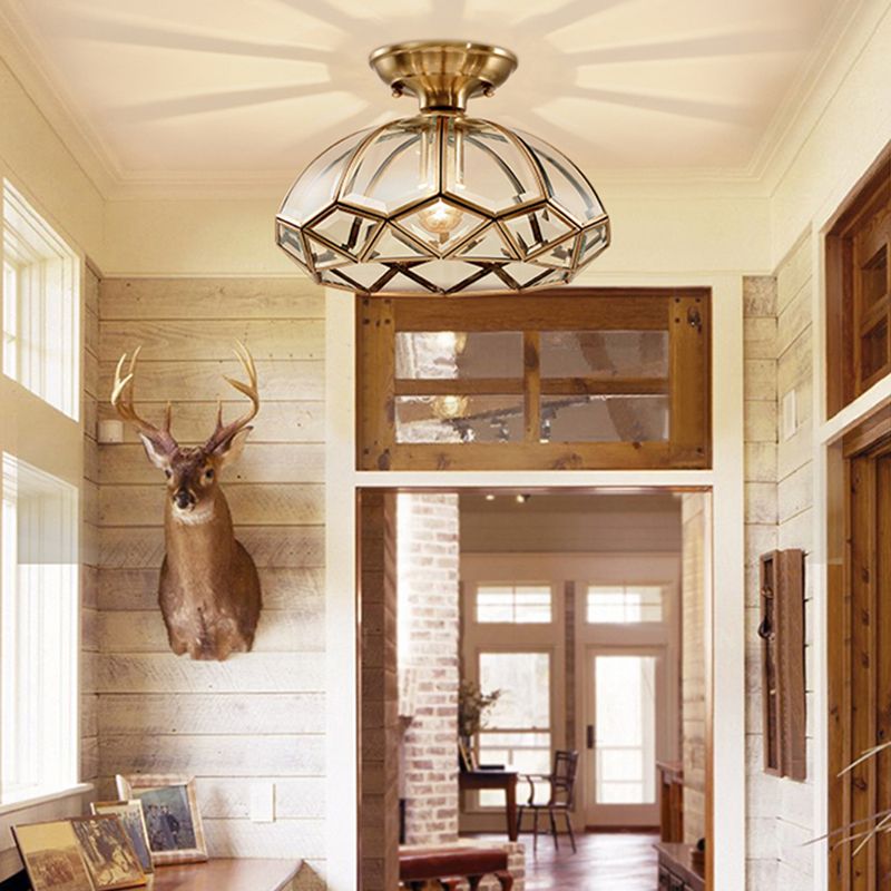 Shaded Aisle Semi Mount Lighting Vintage-Style Glass Brass Ceiling Mounted Light