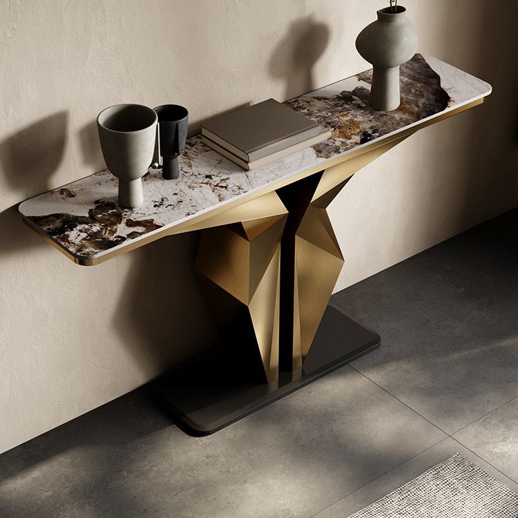 Stone Rectangle Console Table Glam 13.78" Wide Accent Table with Abstract Base