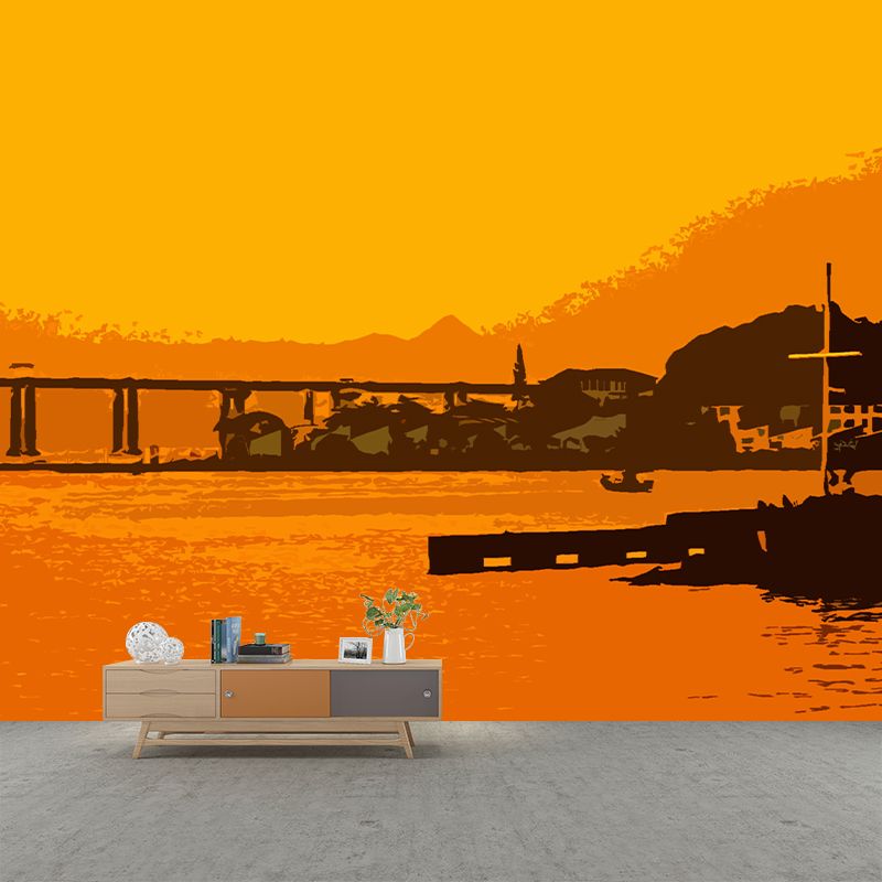 Urban Landscape Illustration Mural Wallpaper Moisture Resistant for Living Room