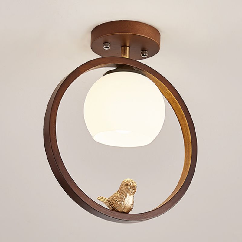 Round Shape Ceiling Lamp Modern Wood 1 Light Flush Mount with Glass Lampshade for Aisle