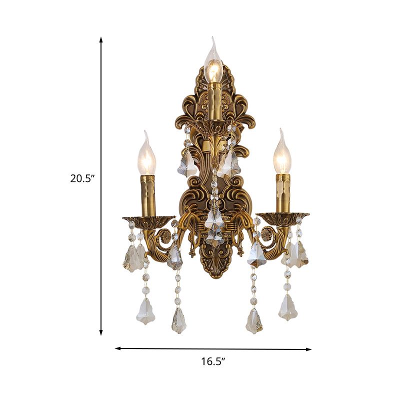 3 Heads Candle Wall Light Fixture Vintage Brass Metal Sconce Light with Crystal Drip Accent