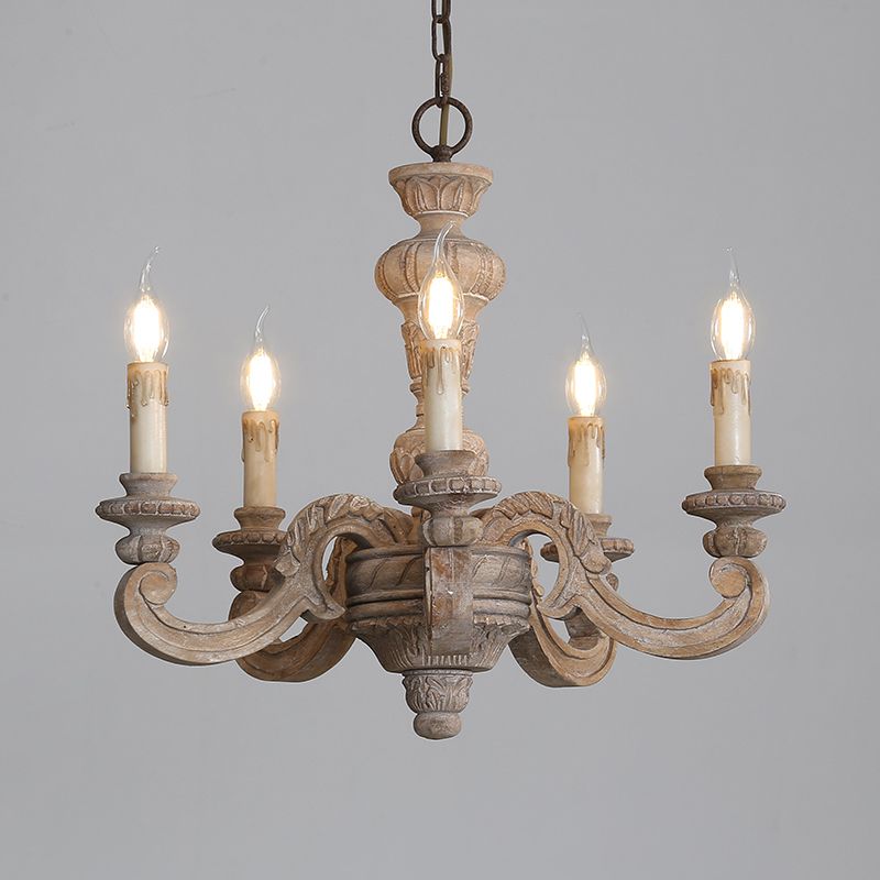 Solid Wood Candelabra Chandelier Vintage Country Style Parlor Pendant Light