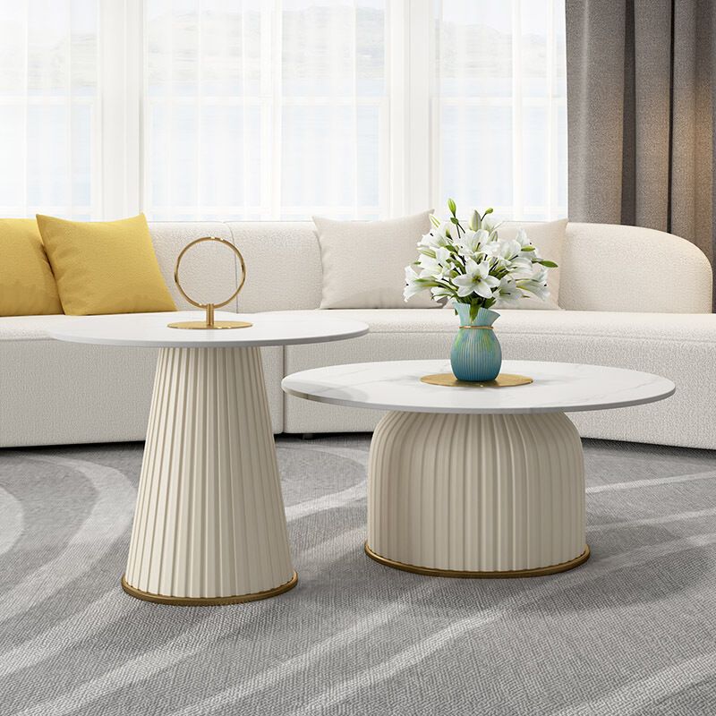 Modern Style Round Coffee Table with Drum Base Metal Design Rock Plate Top