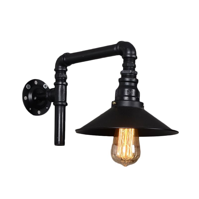 1 Bulb Iron Sconce Light Fixture Vintage Black Flared Restaurant Wall Mount Pipe Lamp with Right Angle Arm