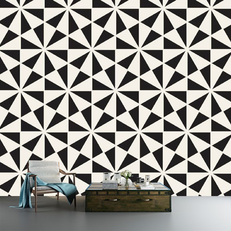 Contemporary Triangle Mural Wallpaper Black-White Floral Print Wall Decoration for Bedroom